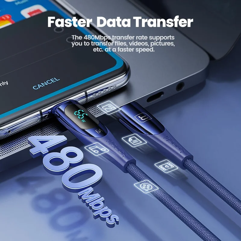 TOOCKI TQ-X34 1m USB A to Type C Braided Wire Smart Display 6A Fast Charging Data Cable - Purple