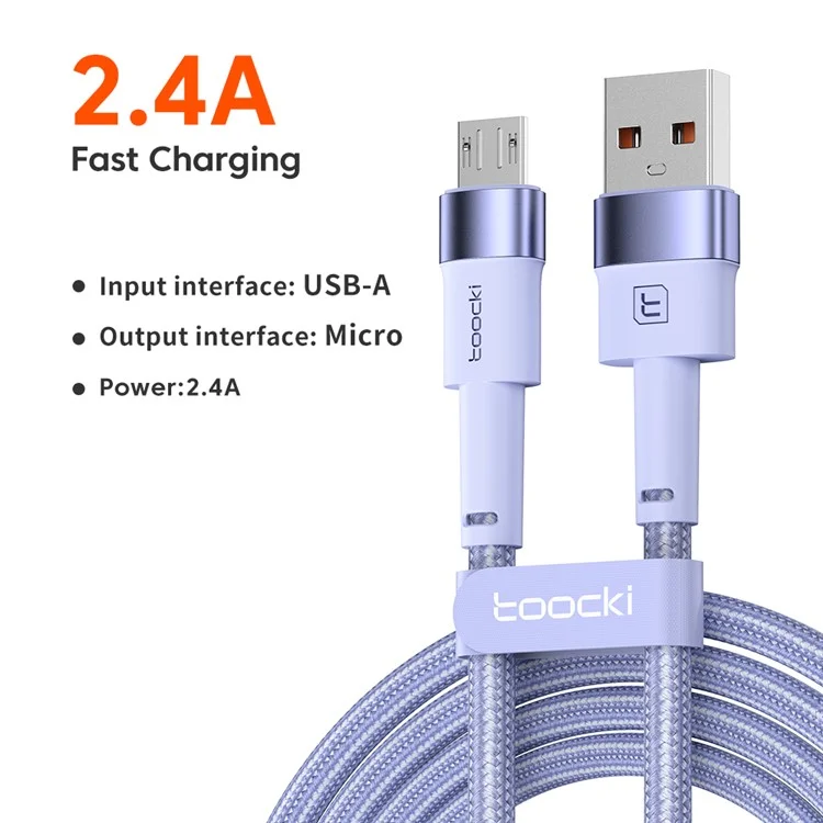 TOOCKI TQ-X16 2m USB to Micro USB Cable 2.4A Fast Charging Data Sync Braided Cord for Smartphones - Purple
