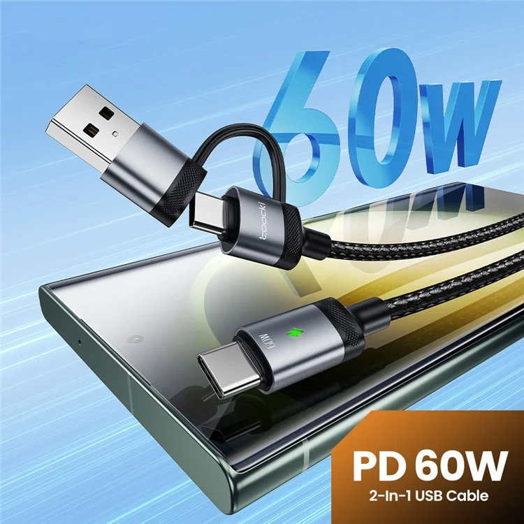 TOOCKI TQ-X73A1 1,8m USB-A + USB-C auf USB-C Kabel 60W Schnellladung Datentransfer Geflochtenes Kabel - Grau