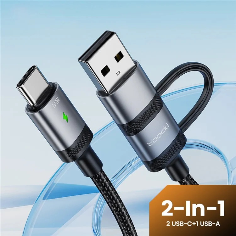 TOOCKI TQ-X73A1 1,8m USB-A + USB-C auf USB-C Kabel 60W Schnellladung Datentransfer Geflochtenes Kabel - Grau