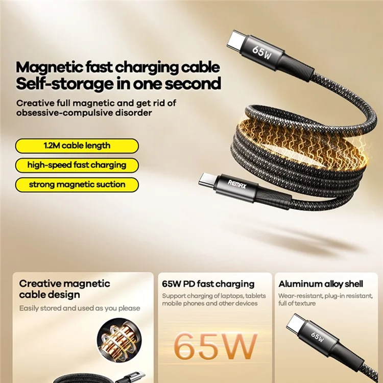 REMAX CB07 65W Câble magnétique USB-C Alliage d'aluminium tressé Cordon de charge rapide 1,2 m pour ordinateur portable / tablette / téléphone