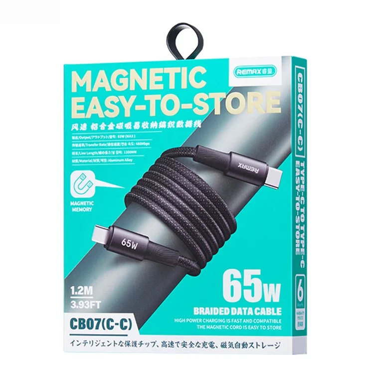 REMAX CB07 65W Câble magnétique USB-C Alliage d'aluminium tressé Cordon de charge rapide 1,2 m pour ordinateur portable / tablette / téléphone