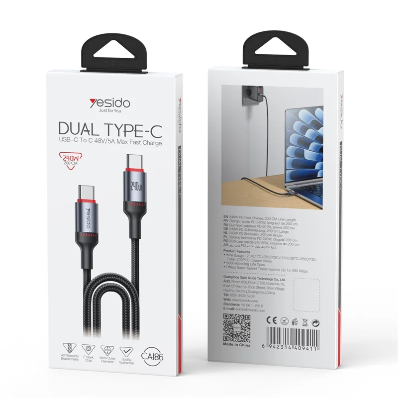 YESIDO CA186 2m Data Cable 240W Fast Charging USB C to USB C Braided Wire for Smartphone Tablet Laptop