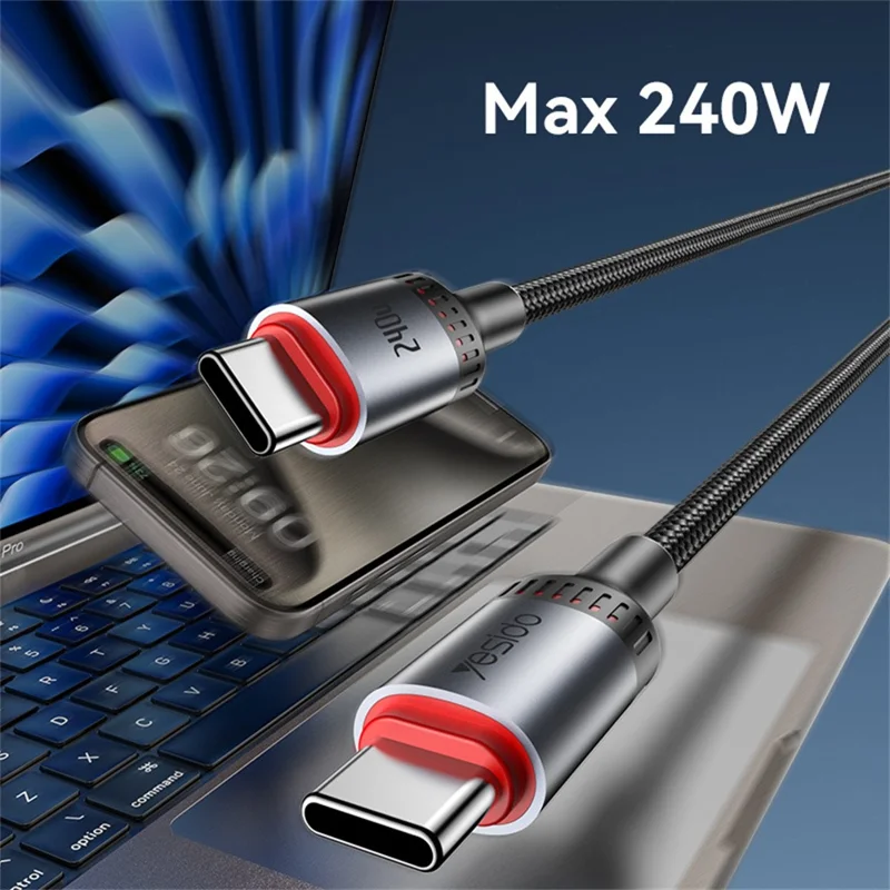 YESIDO CA185 Câble de Données de 1,2 m 240W USB C vers USB C Tressé pour Smartphone, Tablette et Ordinateur Portable