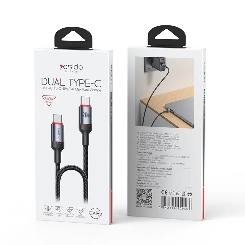 YESIDO CA185 Câble de Données de 1,2 m 240W USB C vers USB C Tressé pour Smartphone, Tablette et Ordinateur Portable