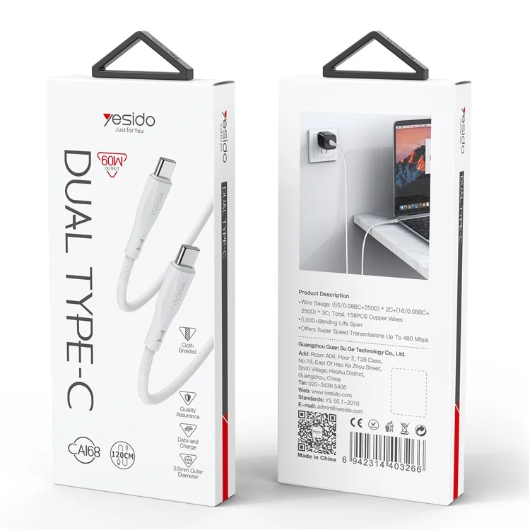 YESIDO CA168 1.2m Type C to Type C Braided Data Cable 60W Fast Charging USB C Wire - White