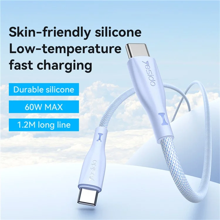 YESIDO CA168 1.2m Type C to Type C Braided Data Cable 60W Fast Charging USB C Wire - White