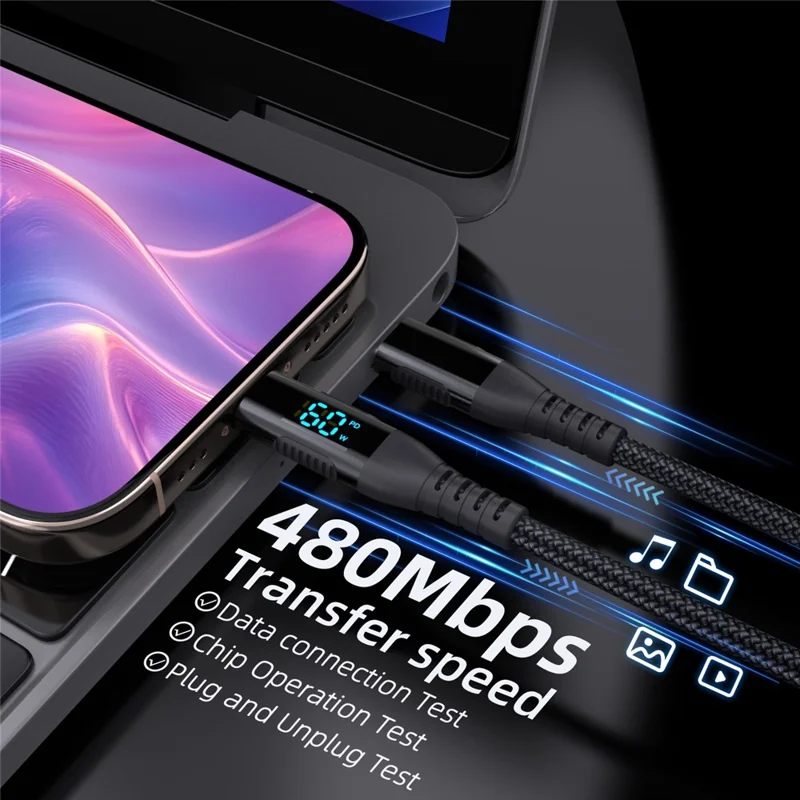 Câble USB-C vers USB-C de 1 m avec affichage numérique, 3A / 20V 60W, charge rapide, cordon tressé pour smartphones et tablettes - Noir
