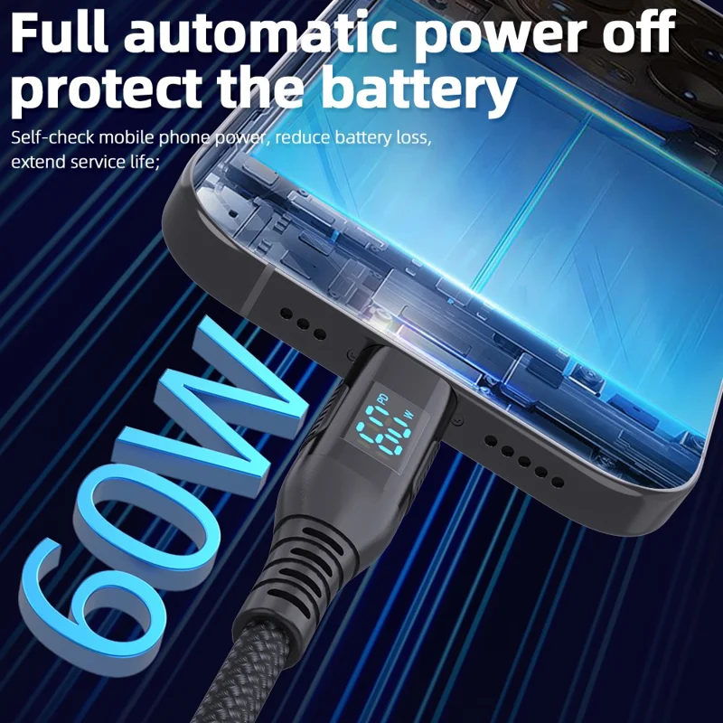Câble USB-C vers USB-C de 1 m avec affichage numérique, 3A / 20V 60W, charge rapide, cordon tressé pour smartphones et tablettes - Noir