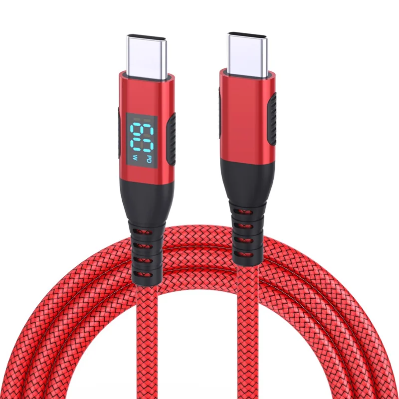 1m USB-C to USB-C Cable Digital Display 3A / 20V 60W Fast Charging Braided Data Cord for Smartphones Tablets - Red