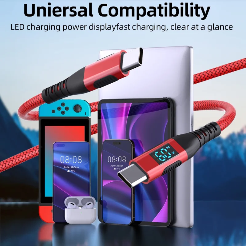 1m USB-C to USB-C Cable Digital Display 3A / 20V 60W Fast Charging Braided Data Cord for Smartphones Tablets - Red