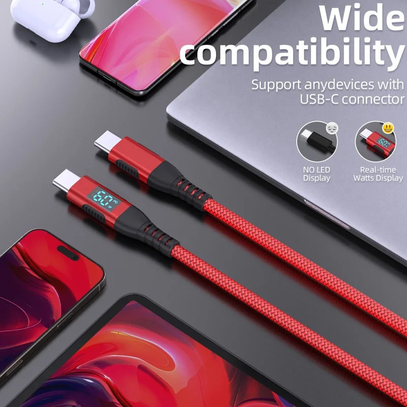 1m USB-C to USB-C Cable Digital Display 3A / 20V 60W Fast Charging Braided Data Cord for Smartphones Tablets - Red