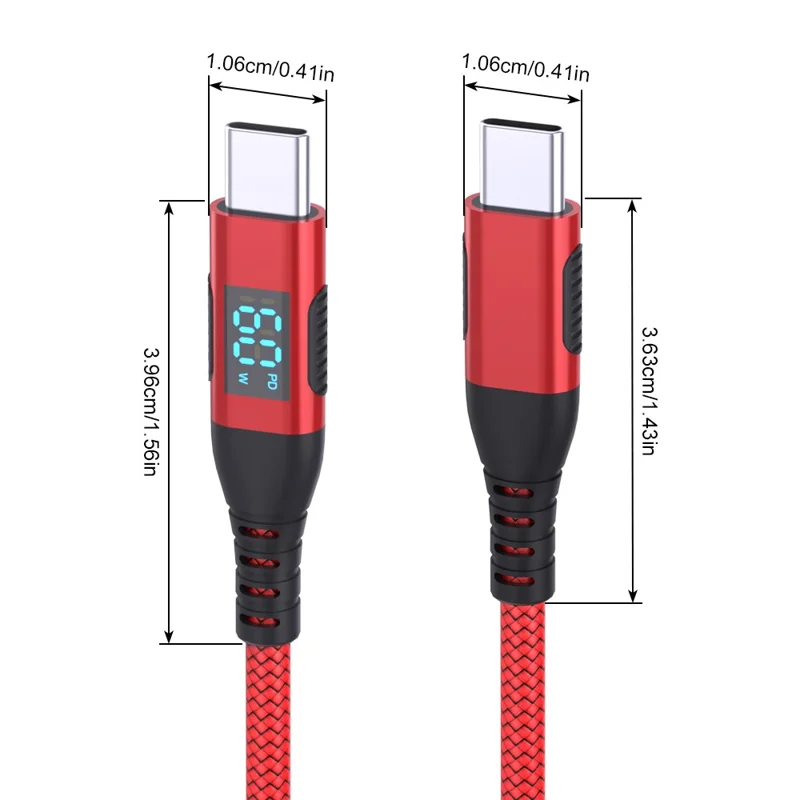 1m USB-C to USB-C Cable Digital Display 3A / 20V 60W Fast Charging Braided Data Cord for Smartphones Tablets - Red