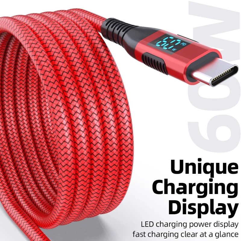 1m USB-C to USB-C Cable Digital Display 3A / 20V 60W Fast Charging Braided Data Cord for Smartphones Tablets - Red