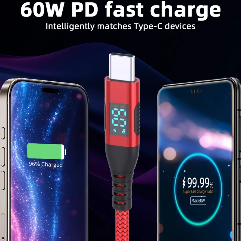 1m USB-C to USB-C Cable Digital Display 3A / 20V 60W Fast Charging Braided Data Cord for Smartphones Tablets - Red