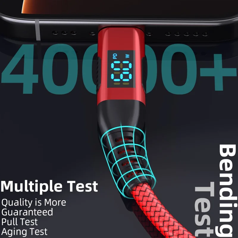 1m USB-C to USB-C Cable Digital Display 3A / 20V 60W Fast Charging Braided Data Cord for Smartphones Tablets - Red