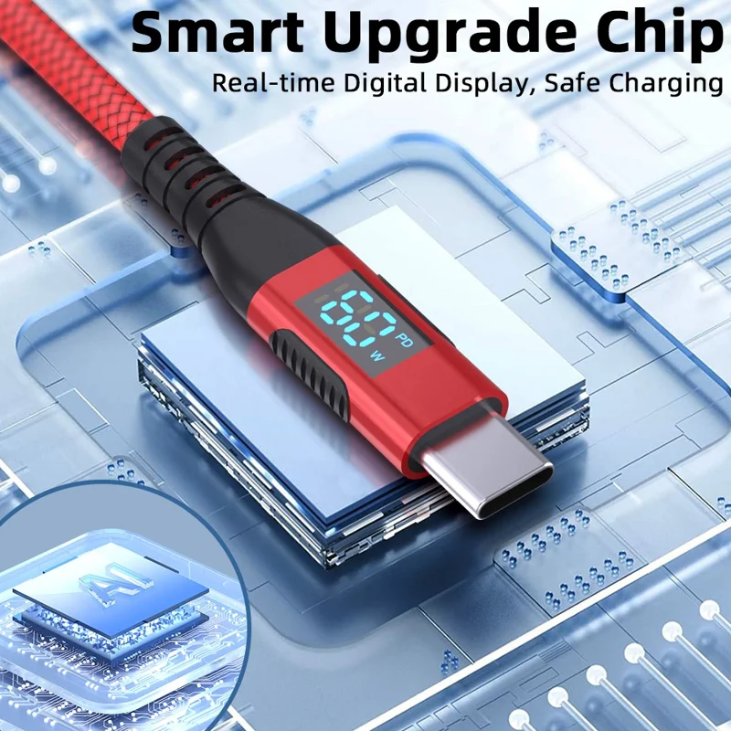1m USB-C to USB-C Cable Digital Display 3A / 20V 60W Fast Charging Braided Data Cord for Smartphones Tablets - Red