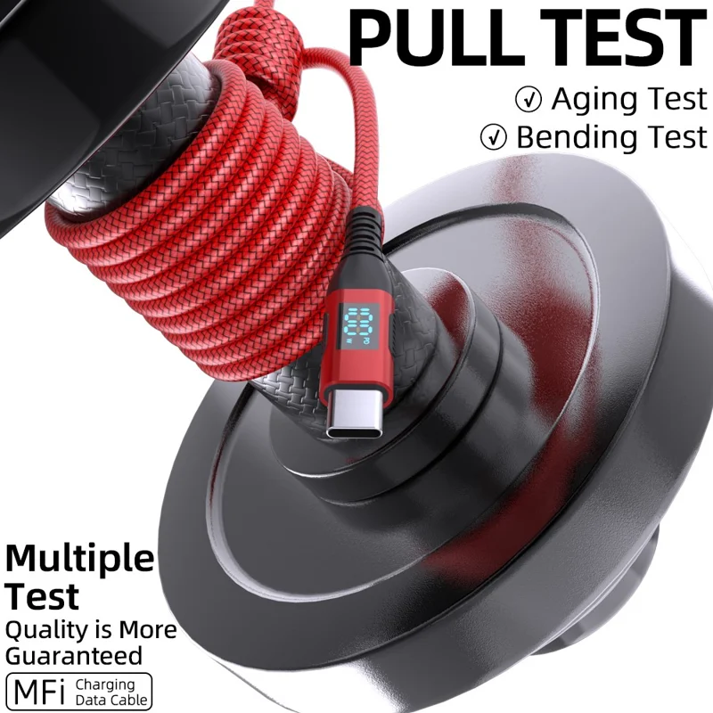 1m USB-C to USB-C Cable Digital Display 3A / 20V 60W Fast Charging Braided Data Cord for Smartphones Tablets - Red
