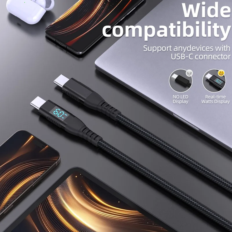 2m USB-C to USB-C Cable Digital Display 3A / 20V 60W Fast Charging Braided Data Cord for Smartphones Tablets - Black