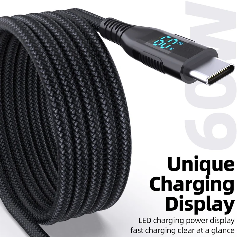 2m USB-C to USB-C Cable Digital Display 3A / 20V 60W Fast Charging Braided Data Cord for Smartphones Tablets - Black