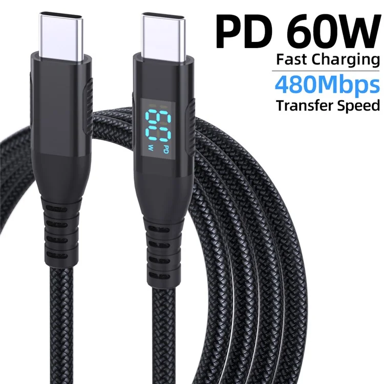 3m USB-C to USB-C Cable Digital Display 3A / 20V 60W Fast Charging Braided Data Cord for Smartphones Tablets - Black