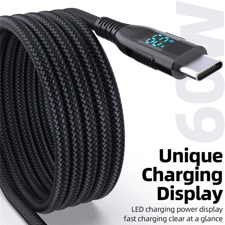 3m USB-C to USB-C Cable Digital Display 3A / 20V 60W Fast Charging Braided Data Cord for Smartphones Tablets - Black