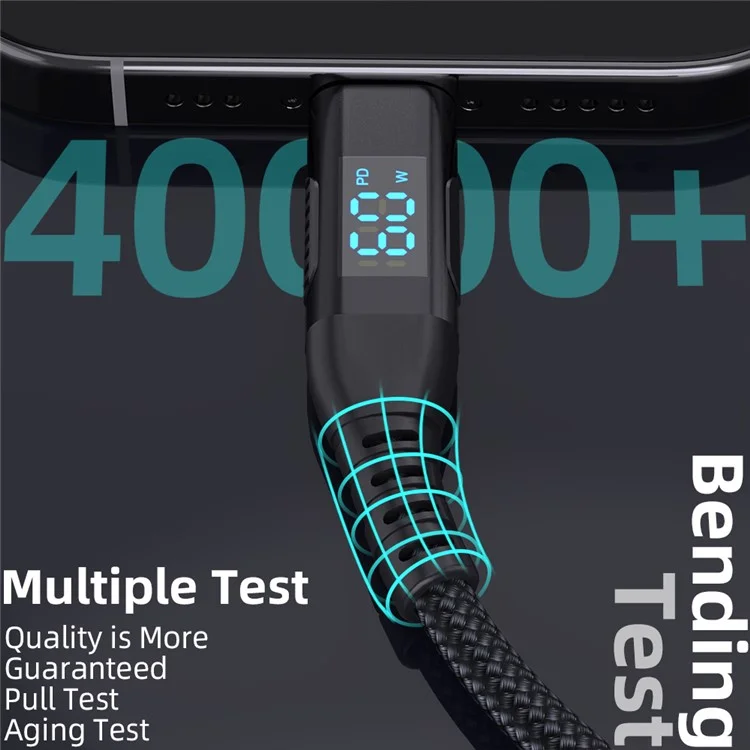 3m USB-C to USB-C Cable Digital Display 3A / 20V 60W Fast Charging Braided Data Cord for Smartphones Tablets - Black