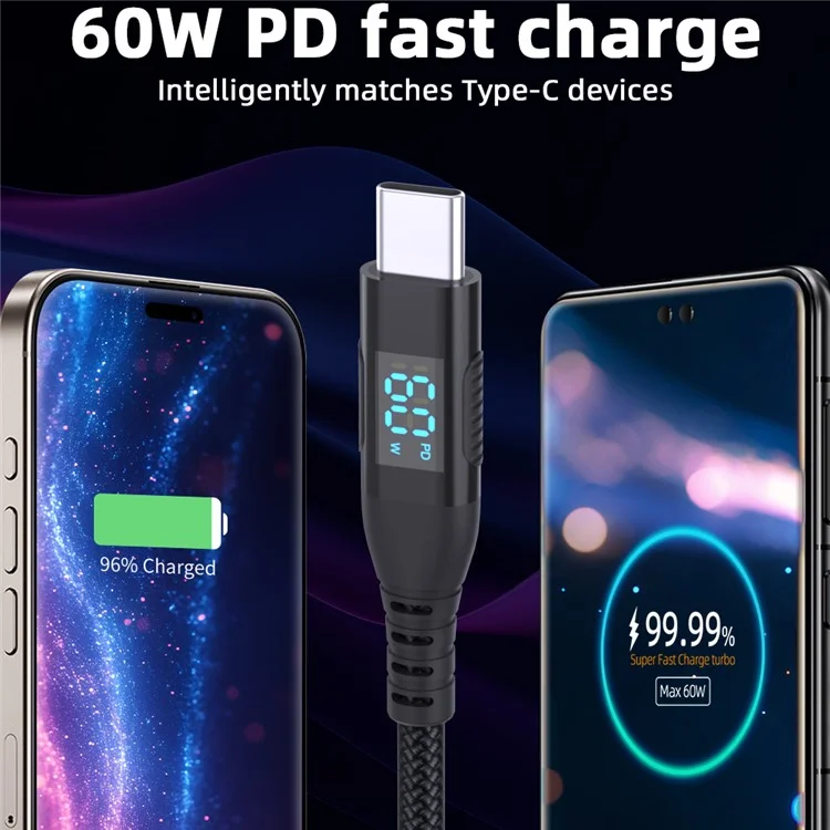3m USB-C to USB-C Cable Digital Display 3A / 20V 60W Fast Charging Braided Data Cord for Smartphones Tablets - Black