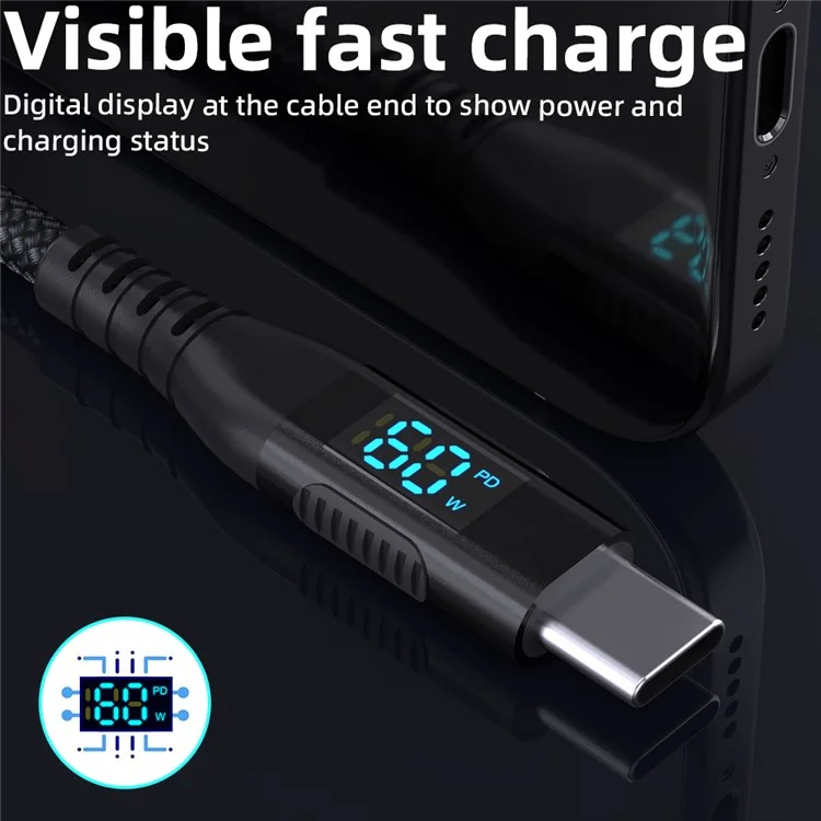 3m USB-C to USB-C Cable Digital Display 3A / 20V 60W Fast Charging Braided Data Cord for Smartphones Tablets - Black