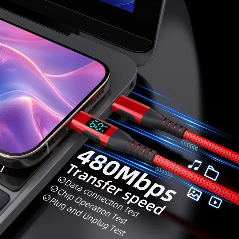 3m USB-C to USB-C Cable Digital Display 3A / 20V 60W Fast Charging Braided Data Cord for Smartphones Tablets - Red