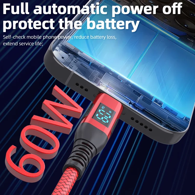 3m USB-C to USB-C Cable Digital Display 3A / 20V 60W Fast Charging Braided Data Cord for Smartphones Tablets - Red