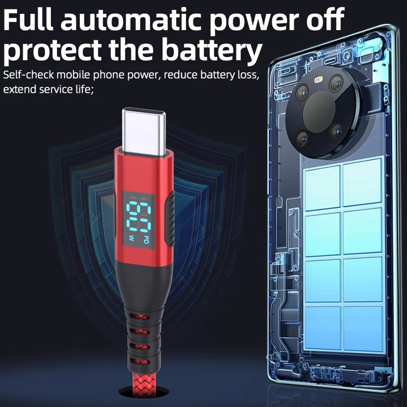 3m USB-C to USB-C Cable Digital Display 3A / 20V 60W Fast Charging Braided Data Cord for Smartphones Tablets - Red