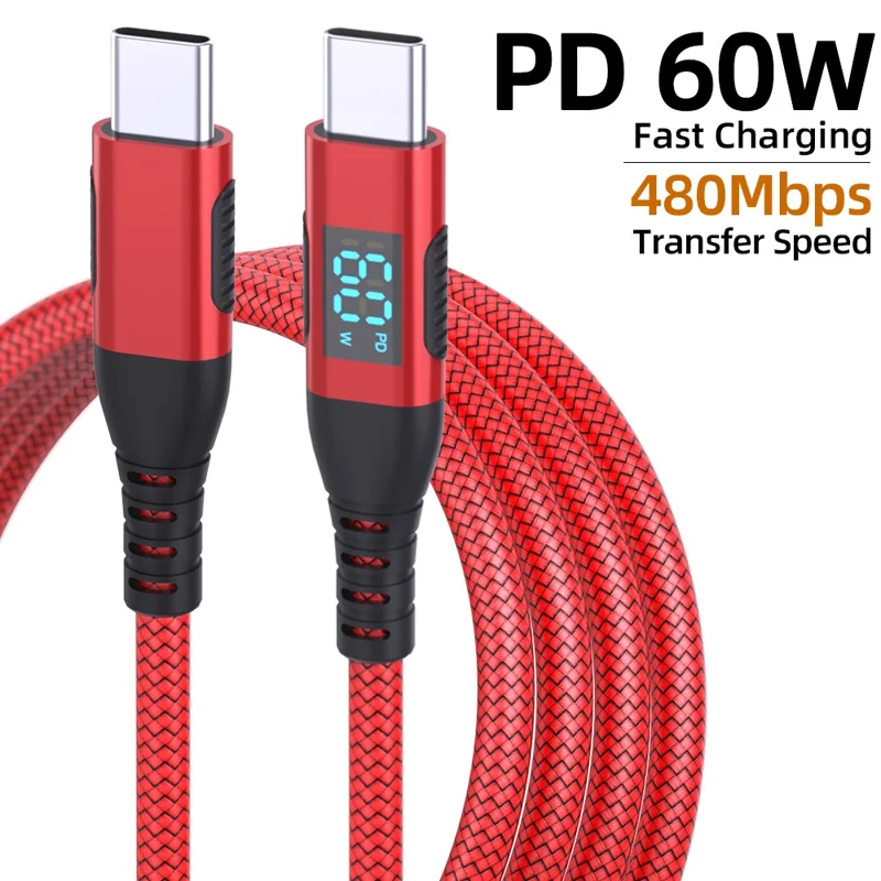 3m USB-C to USB-C Cable Digital Display 3A / 20V 60W Fast Charging Braided Data Cord for Smartphones Tablets - Red