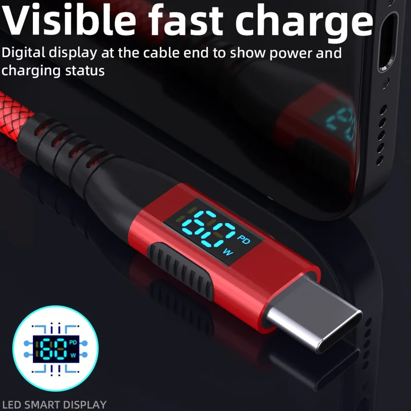 3m USB-C to USB-C Cable Digital Display 3A / 20V 60W Fast Charging Braided Data Cord for Smartphones Tablets - Red