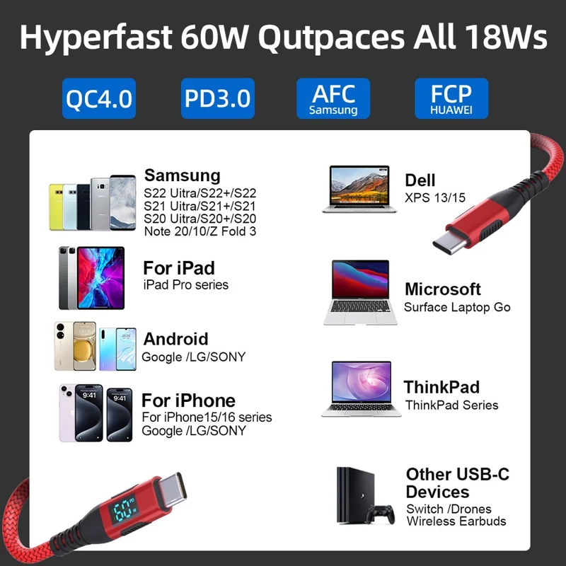 3m USB-C to USB-C Cable Digital Display 3A / 20V 60W Fast Charging Braided Data Cord for Smartphones Tablets - Red