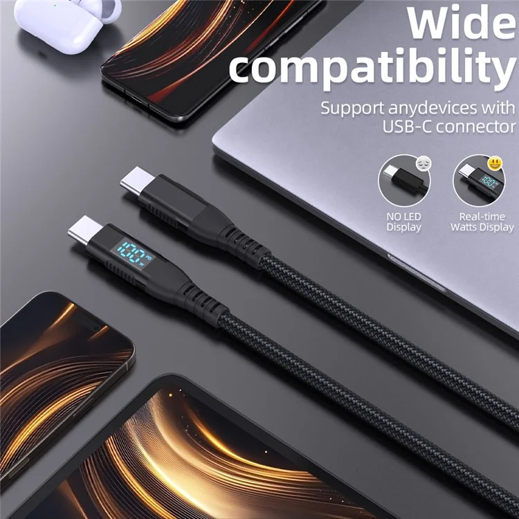 1m USB-C to USB-C Cable 100W 5A / 20V Nylon Braided Phone Tablet Fast Charging Digital Display Cord - Black