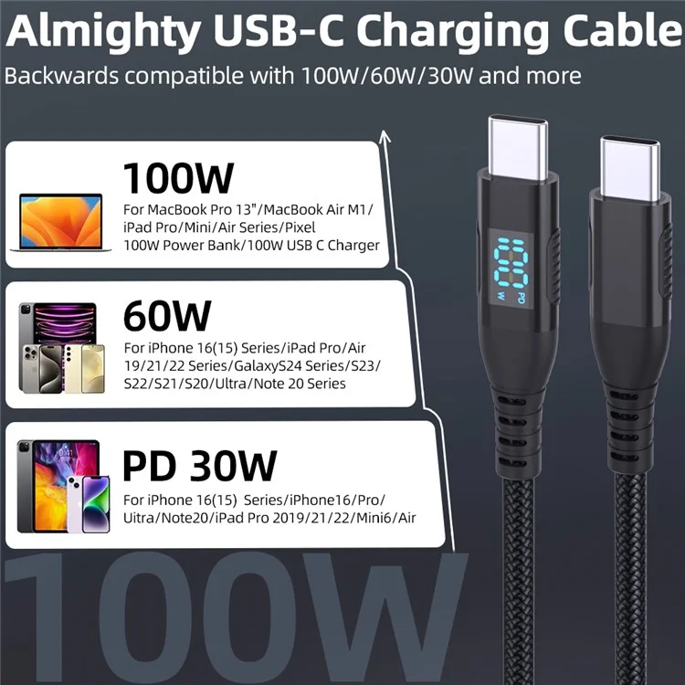 1m USB-C to USB-C Cable 100W 5A / 20V Nylon Braided Phone Tablet Fast Charging Digital Display Cord - Black