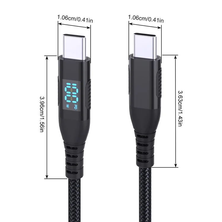 1m USB-C to USB-C Cable 100W 5A / 20V Nylon Braided Phone Tablet Fast Charging Digital Display Cord - Black
