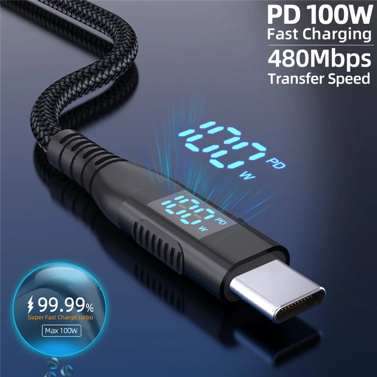 1m USB-C to USB-C Cable 100W 5A / 20V Nylon Braided Phone Tablet Fast Charging Digital Display Cord - Black