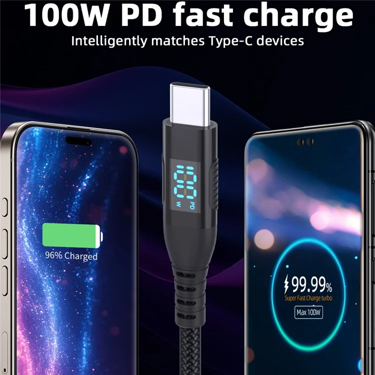 1m USB-C to USB-C Cable 100W 5A / 20V Nylon Braided Phone Tablet Fast Charging Digital Display Cord - Black