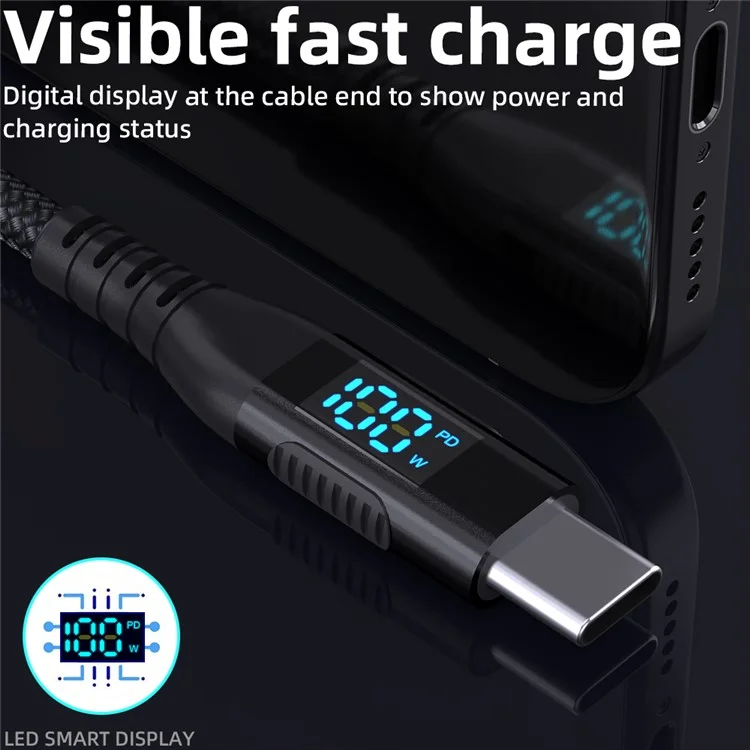1m USB-C to USB-C Cable 100W 5A / 20V Nylon Braided Phone Tablet Fast Charging Digital Display Cord - Black