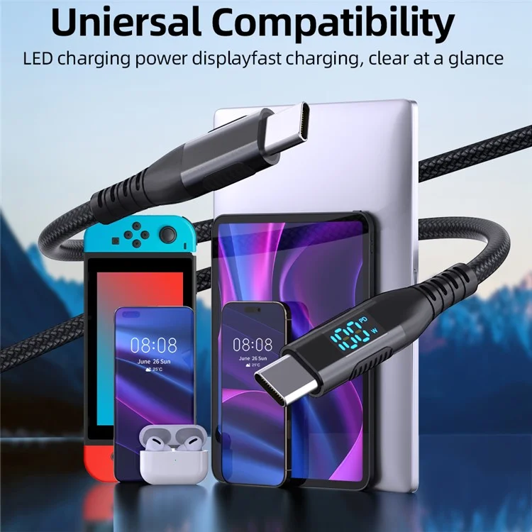 1m USB-C to USB-C Cable 100W 5A / 20V Nylon Braided Phone Tablet Fast Charging Digital Display Cord - Black