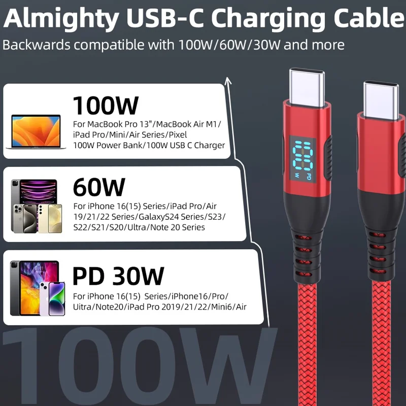 1m USB-C to USB-C Cable 100W 5A / 20V Nylon Braided Phone Tablet Fast Charging Digital Display Cord - Red