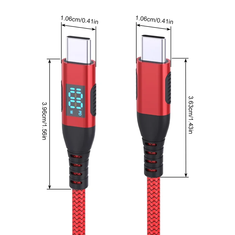 1m USB-C to USB-C Cable 100W 5A / 20V Nylon Braided Phone Tablet Fast Charging Digital Display Cord - Red