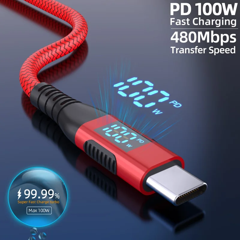 1m USB-C to USB-C Cable 100W 5A / 20V Nylon Braided Phone Tablet Fast Charging Digital Display Cord - Red