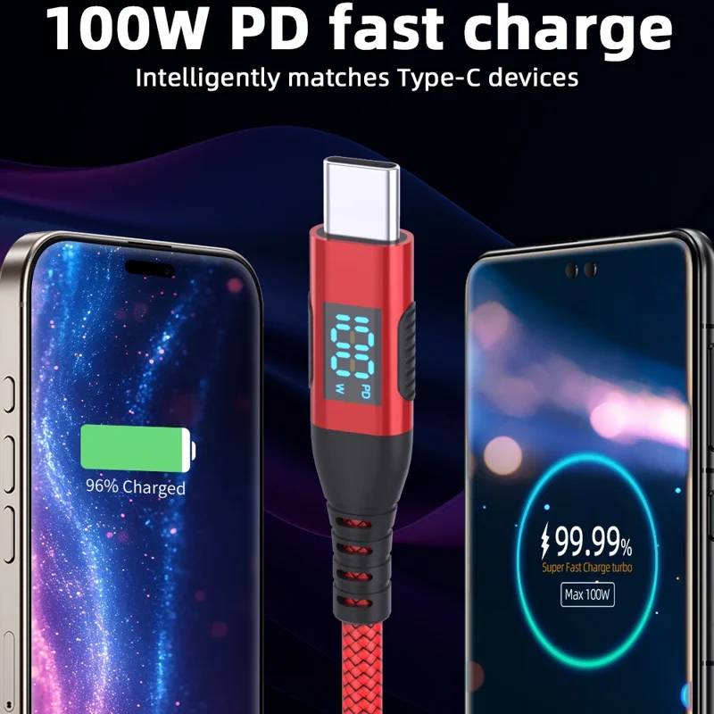 1m USB-C to USB-C Cable 100W 5A / 20V Nylon Braided Phone Tablet Fast Charging Digital Display Cord - Red