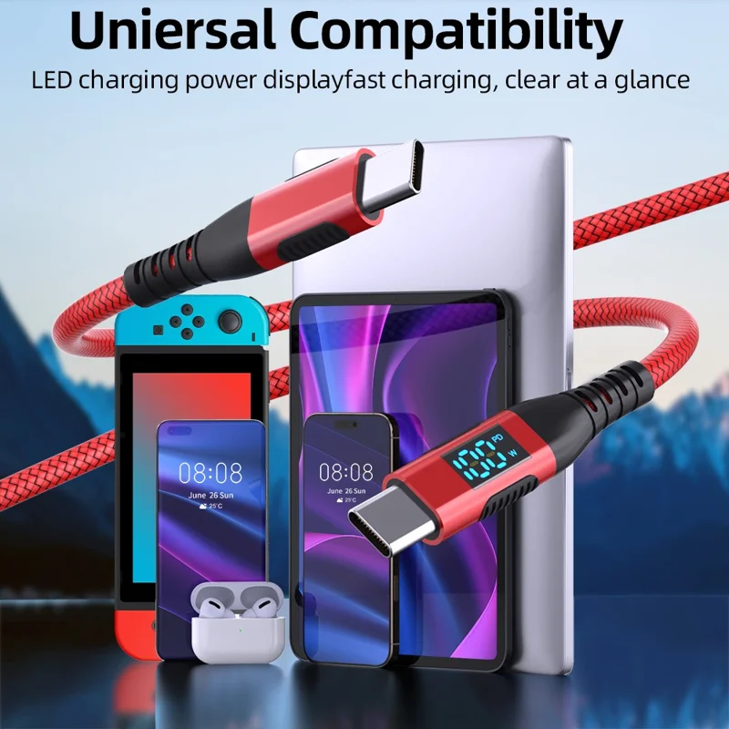 1m USB-C to USB-C Cable 100W 5A / 20V Nylon Braided Phone Tablet Fast Charging Digital Display Cord - Red