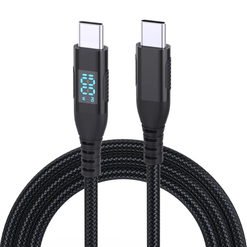 Câble USB-C vers USB-C 2m 100W 5A / 20V Cordon de chargement rapide avec affichage numérique et tressage en nylon - Noir