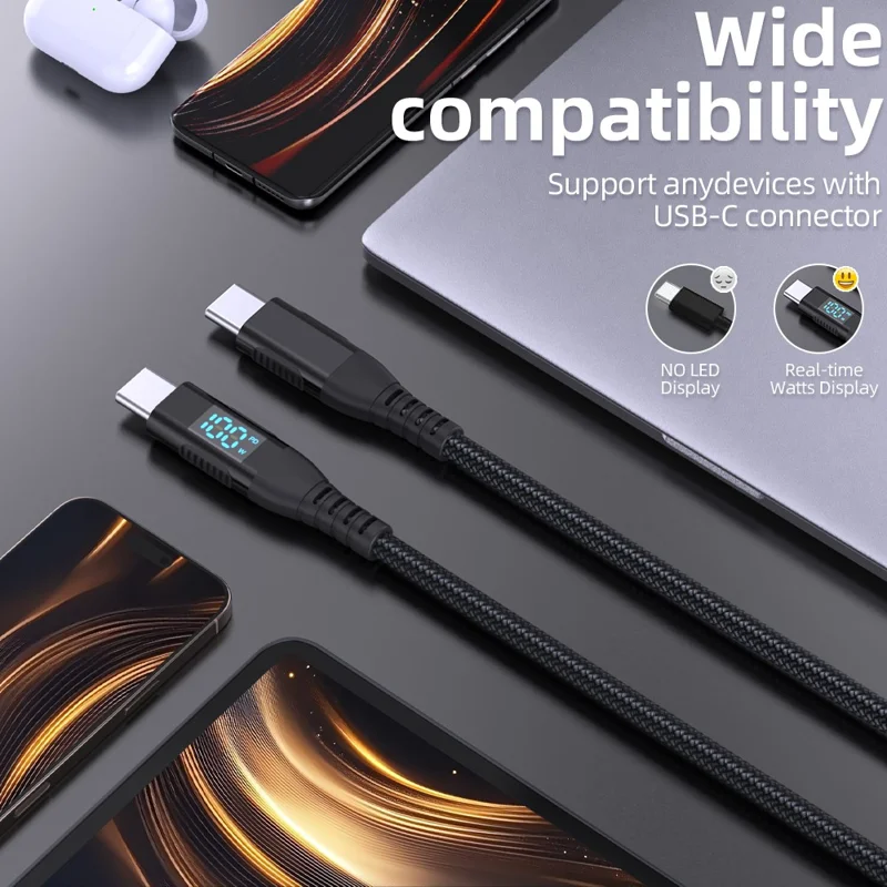 Câble USB-C vers USB-C 2m 100W 5A / 20V Cordon de chargement rapide avec affichage numérique et tressage en nylon - Noir