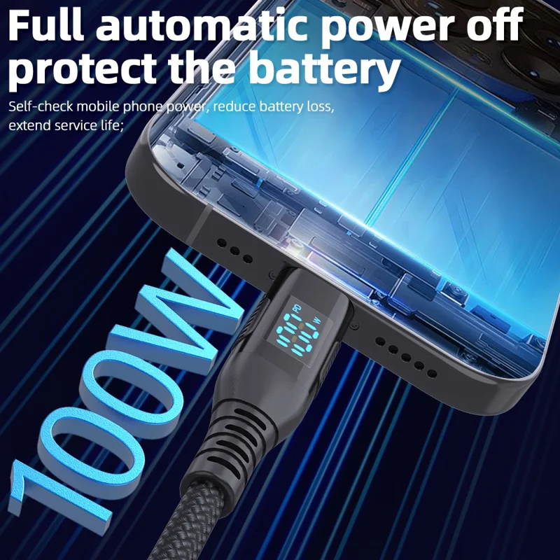 3m USB-C zu USB-C Kabel 100W 5A / 20V Nylonummanteltes Telefon Tablet Schnellladekabel mit Digitalanzeige - Schwarz